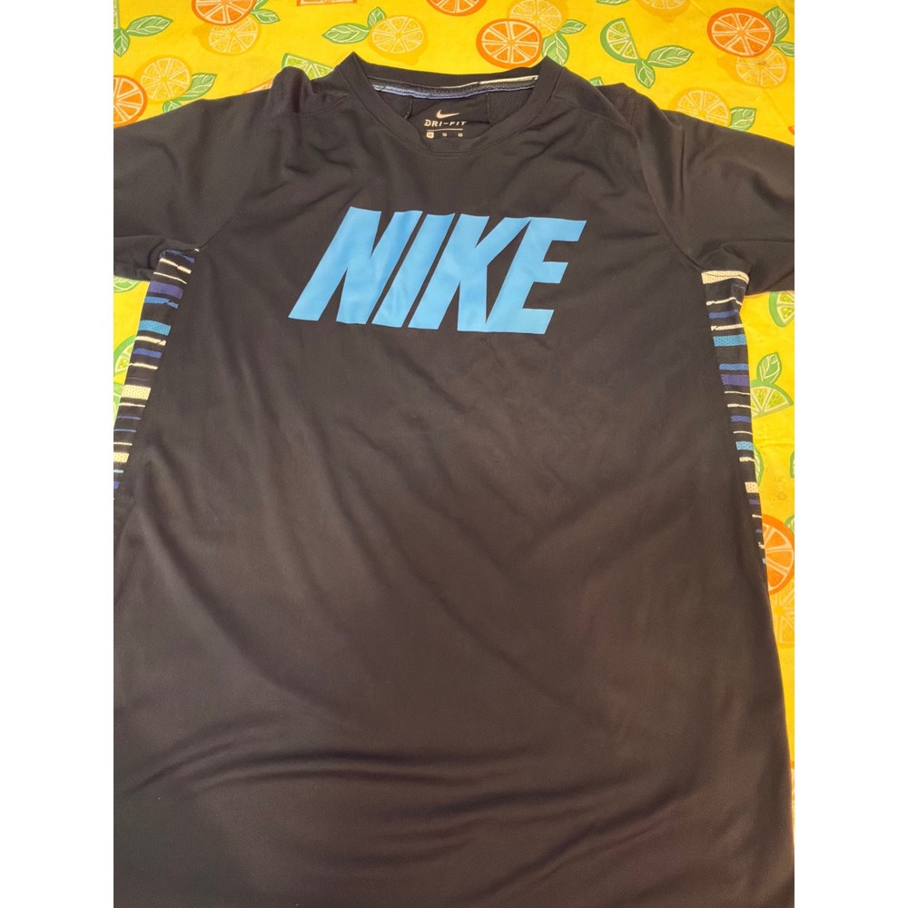 Nike Dri-FIT T-Shirt Mens XL Black Blue Graphic Stripe Side Panels
